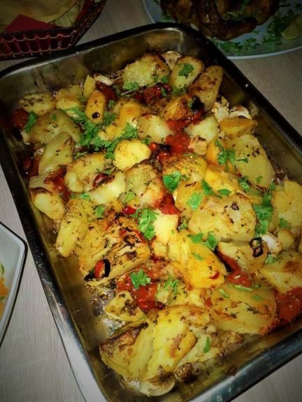 A Bombay-style potato salad recipe on a table.